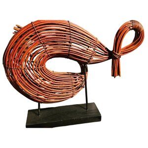 Abstract Wicker Sculpture With Wooden Base 24x20" Modern Artistic Home Decor